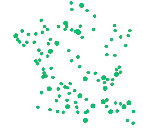 carte de france avec 32 nouveaux points représentant les nouveaux loueurs moto