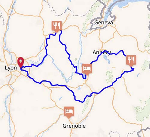 Route on a map in Auvergne-Rhône-Alpes